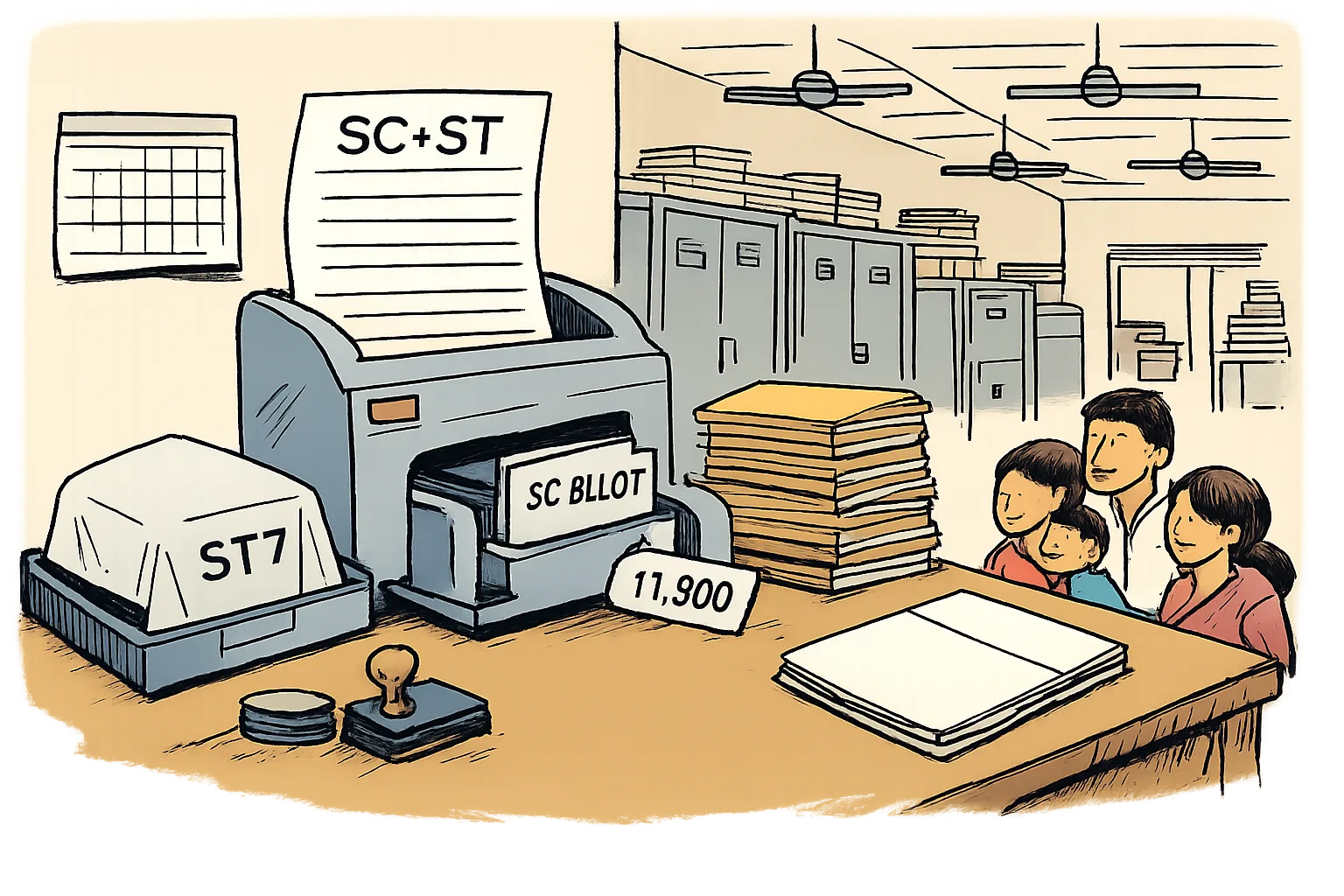 A government paperwork machine turns a form marked SC plus ST into a file marked SC pilot, while an unopened ST question tray sits beside a waiting family in a Telangana office.