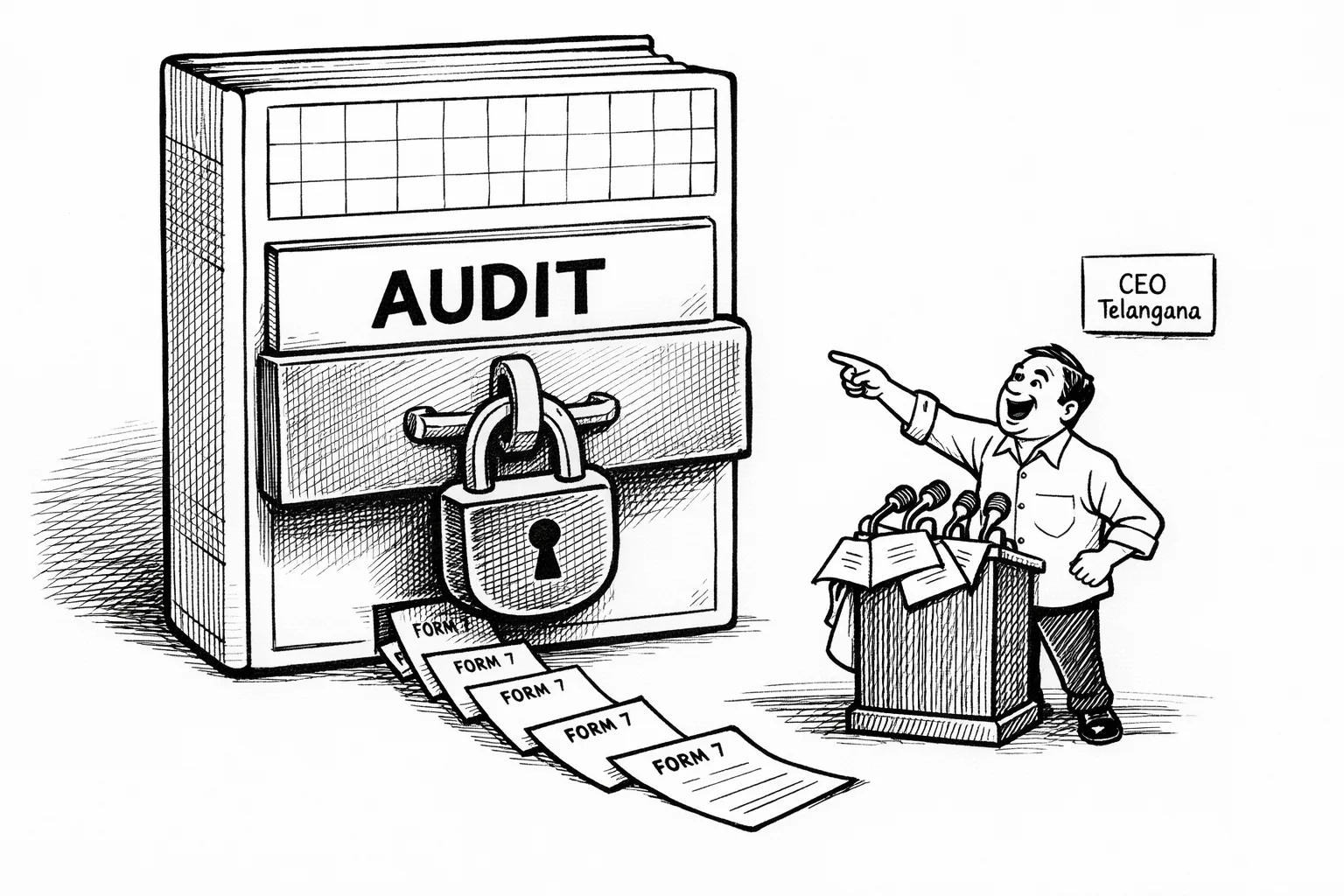 A government spokesperson gestures theatrically beside a huge locked filing cabinet labelled “AUDIT”, while blank Form 7 sheets lie beneath it.