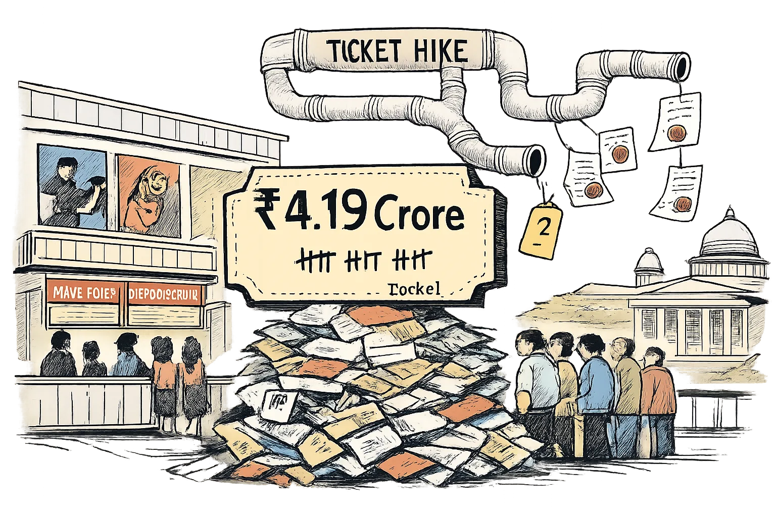 A cinema collection scoreboard showing a large rupee figure balances on tickets and receipts while tangled pricing papers and a courthouse sit behind it.