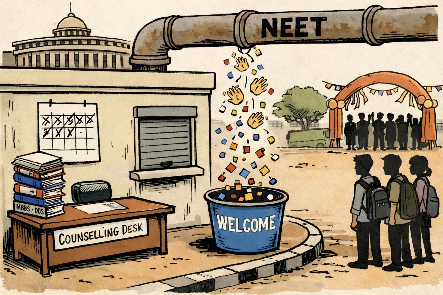 A Telangana medical-admissions counselling desk sits beneath a large leaking pipe labelled NEET, while applause from a distant Parliament-shaped theatre falls into an empty file tray; student silhouettes wait beside a calendar with its dates left blank.