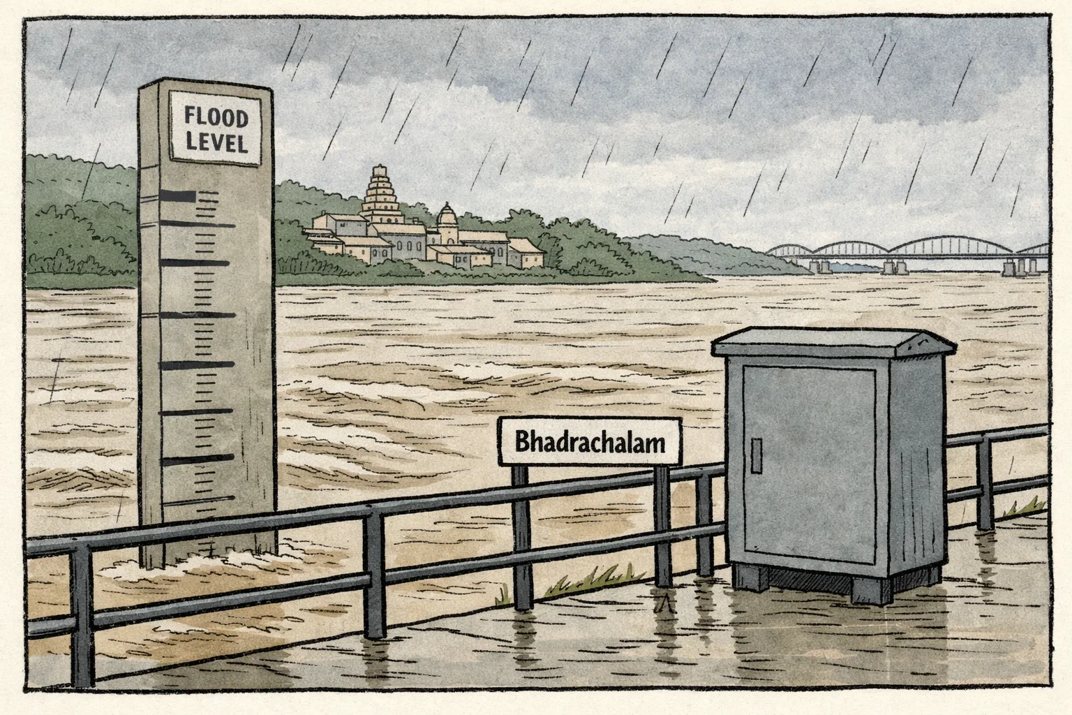 A flood gauge beside the Godavari at Bhadrachalam stands above swirling high water, while a warning board and an empty monitoring desk sit on the riverbank under dark rain clouds.