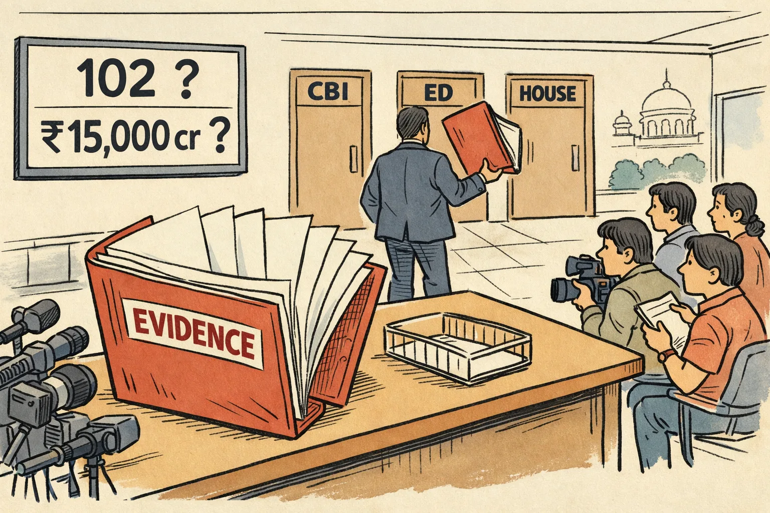A giant file marked “EVIDENCE” lies open with blank pages on a press table, while an indistinct figure waves another file toward closed doors marked “CBI”, “ED” and “HOUSE”; oversized figures for 102 and Rs 15,000 crore hang above the scene.