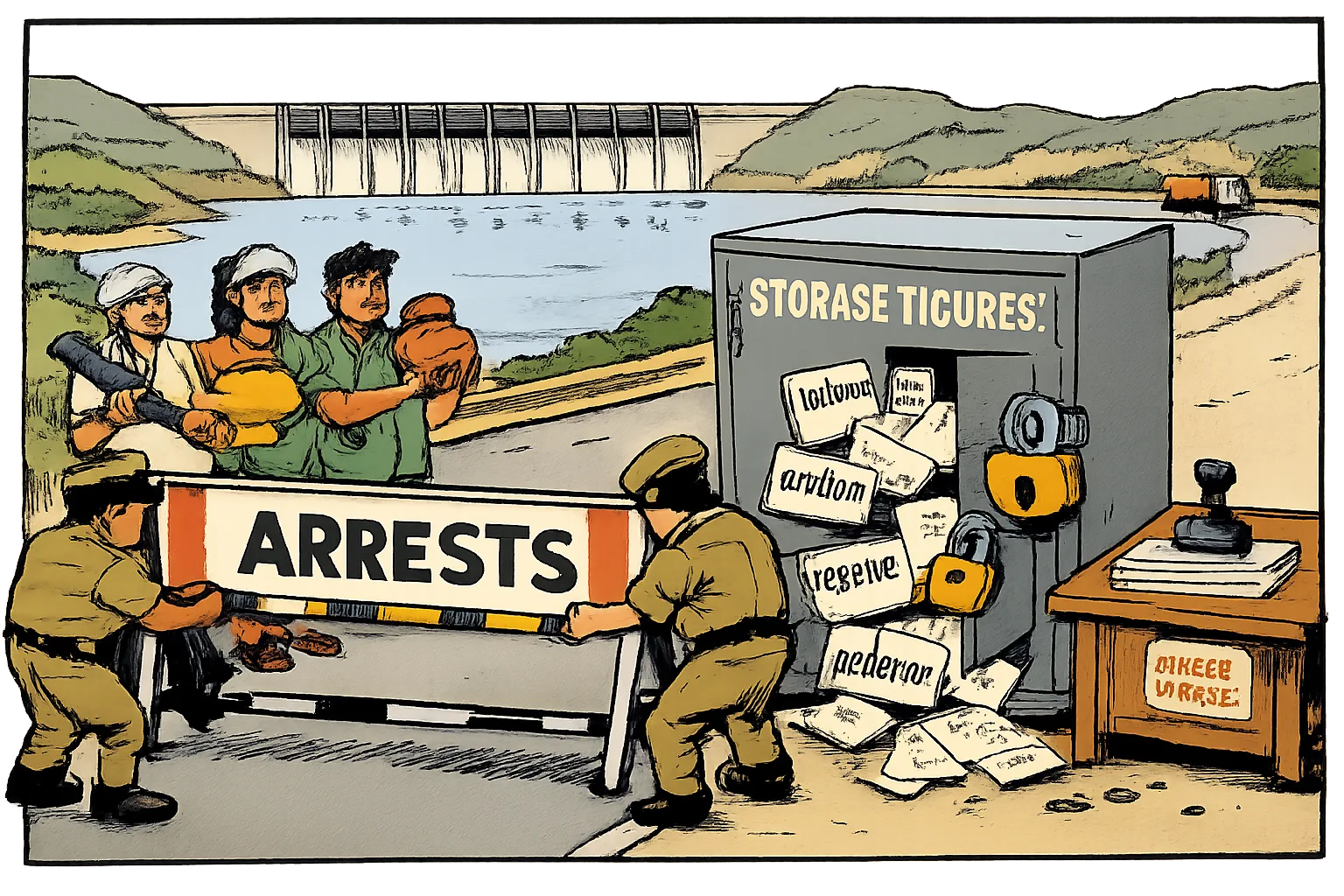 At the Jurala dam, farmers stand outside a police barricade while a locked cupboard marked storage figures holds unreadable water-accounting papers; a distant tanker approaches on the road.