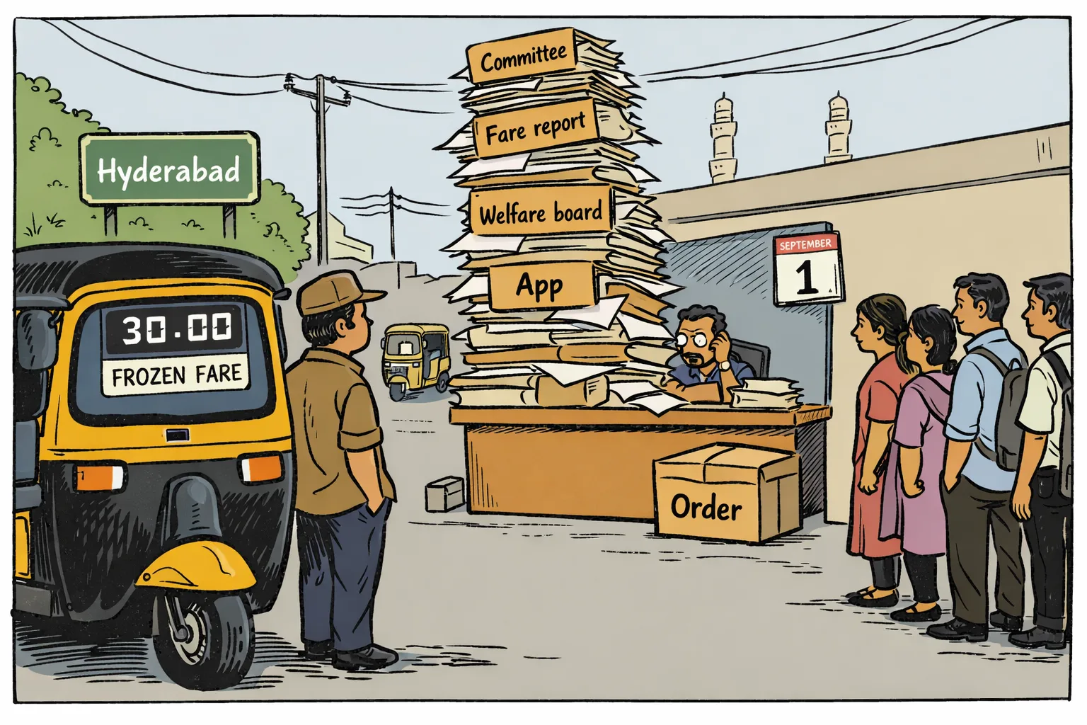 A Hyderabad auto-rickshaw with a frozen fare meter waits beside a towering stack of government folders labelled with committee-related terms, while an unopened order box sits near a queue of commuters.