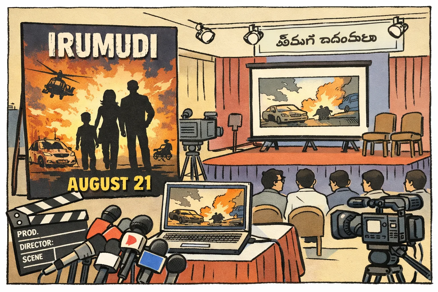 A film trailer-launch setup with a poster display, projection screen, microphones, camera equipment and a small event stage in an Indian venue.