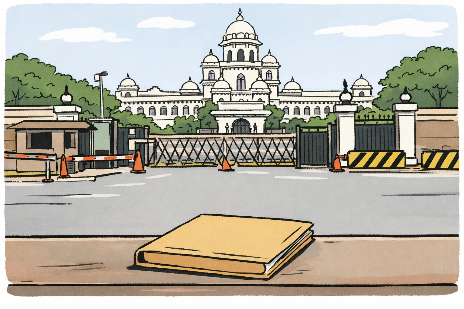 The Telangana Legislative Assembly entrance in Hyderabad is seen behind a security approach, with a closed document folder in the foreground.