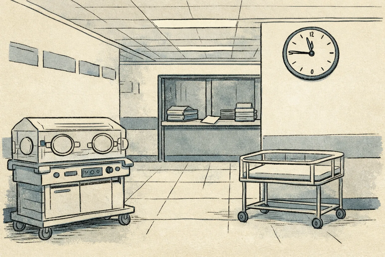 An empty hospital neonatal ward corridor with a vacant incubator in the foreground and a closed records office in the background.