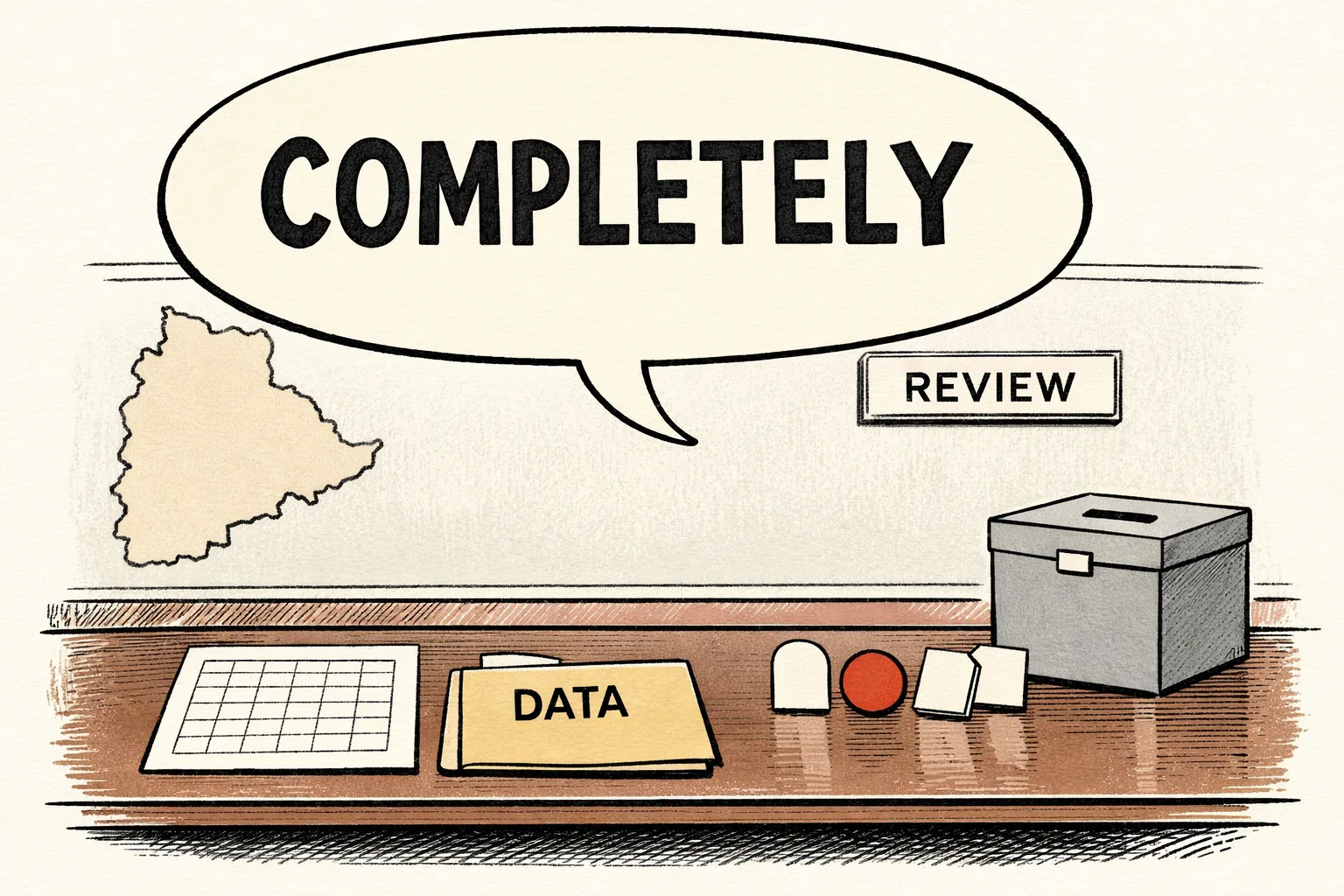 A large speech bubble marked “COMPLETELY” towers over a tiny empty spreadsheet on a Delhi conference table, while three Telangana youth-shaped voting slips sit beside an unlabelled ballot box and a file marked “DATA” remains unopened.