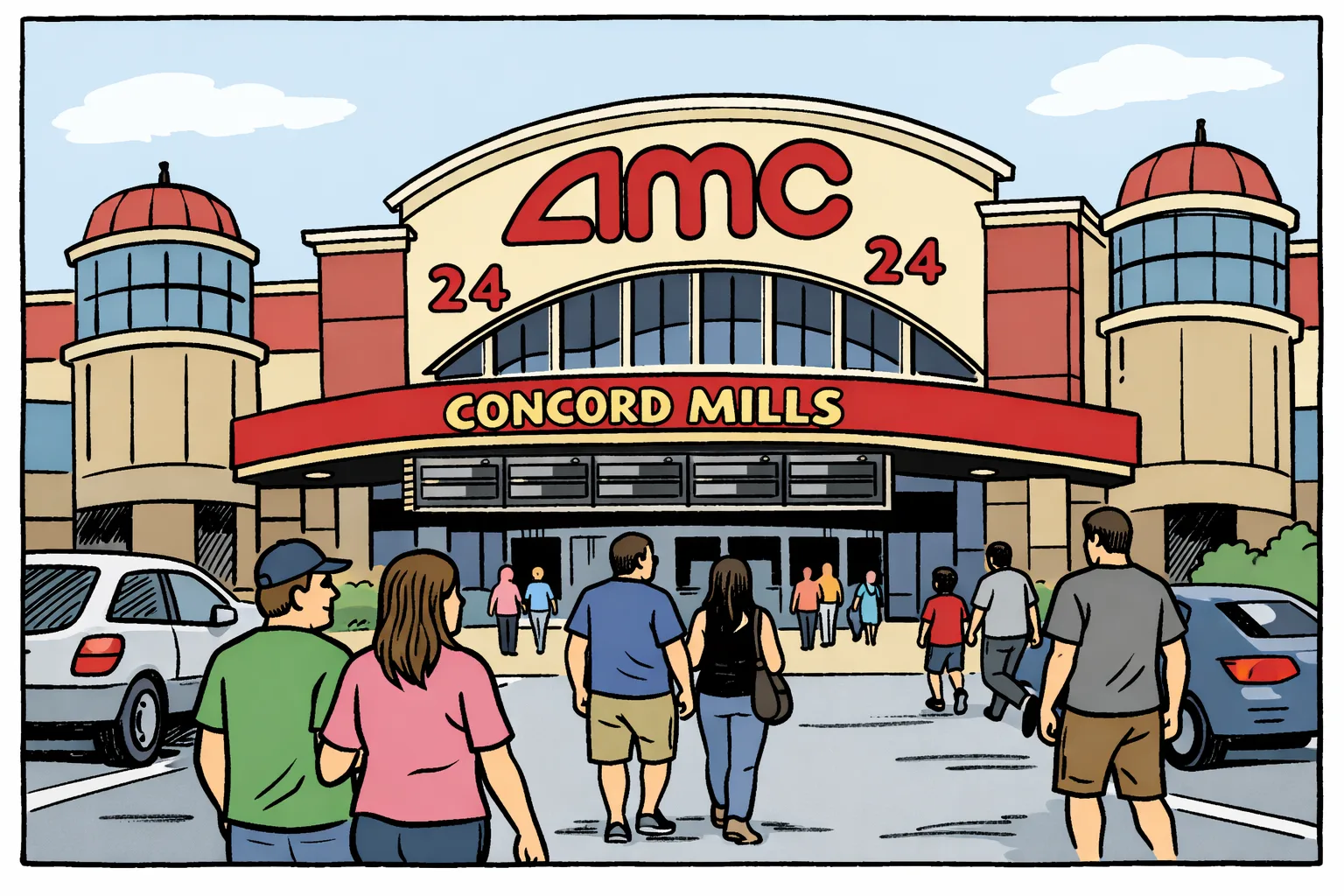 Exterior of AMC Concord Mills 24 cinema in the Charlotte-Concord area, with its entrance and parking area visible.