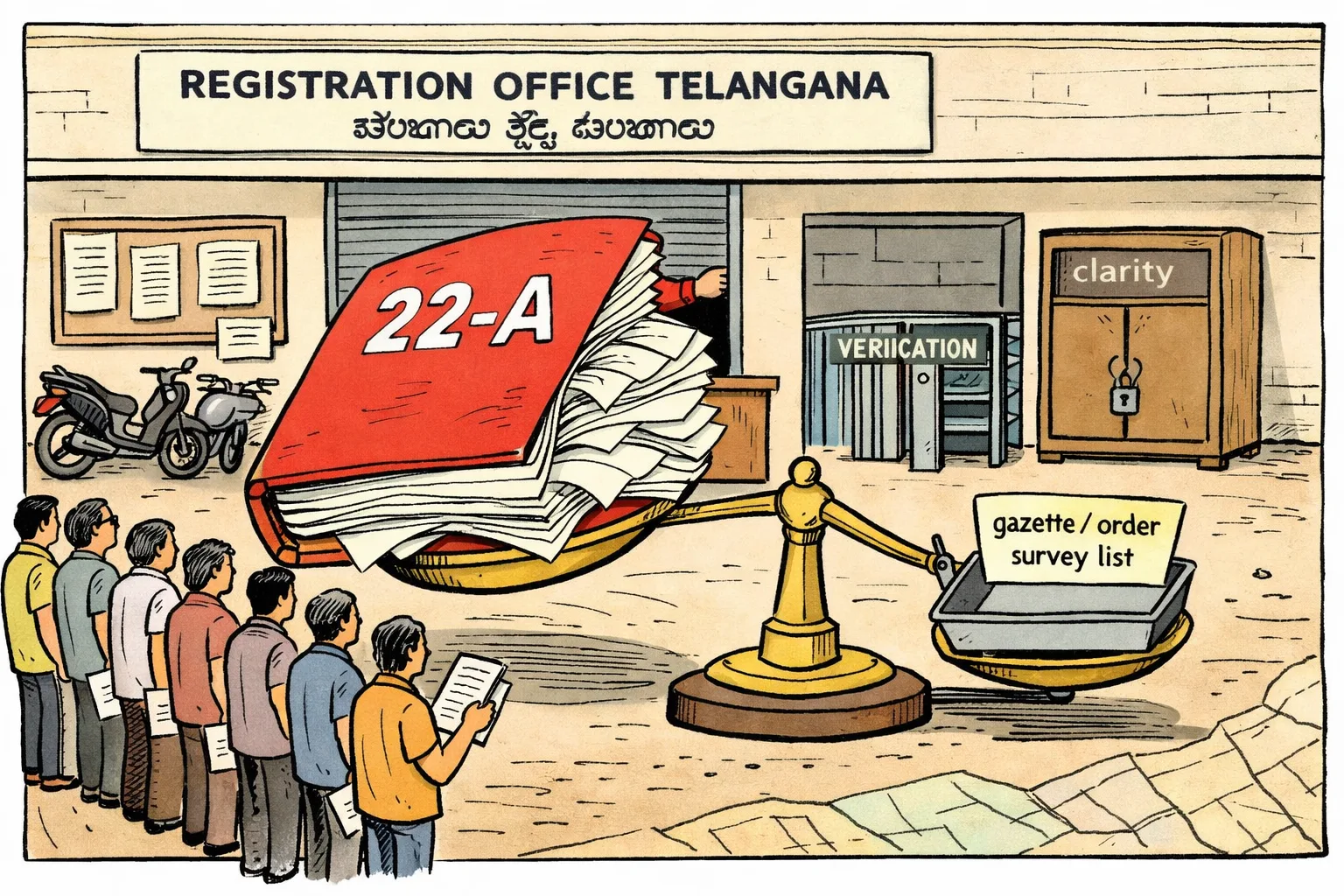 A huge file marked “22-A” blocks a Telangana registration-office counter, while a queue waits beside an empty tray labelled “gazette / order / survey list”.