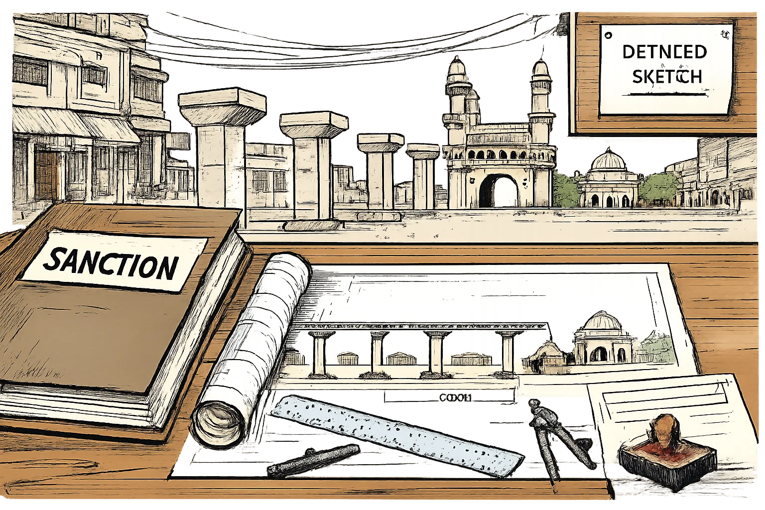 A Telangana government file marked with a metro route lies on a courthouse desk, beside a precise measuring scale and rolled engineering drawings; beyond the desk, empty metro pillars stop near a stylised Charminar and Old City street.