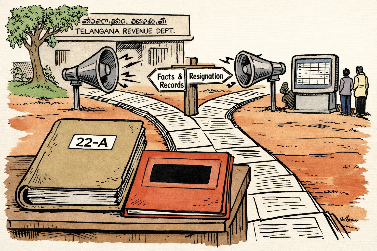 A government land-record file labelled 22-A waits beside a winding road while two anonymous loudspeakers point toward competing resignation signs, with a Telangana revenue office and portal kiosk behind them.