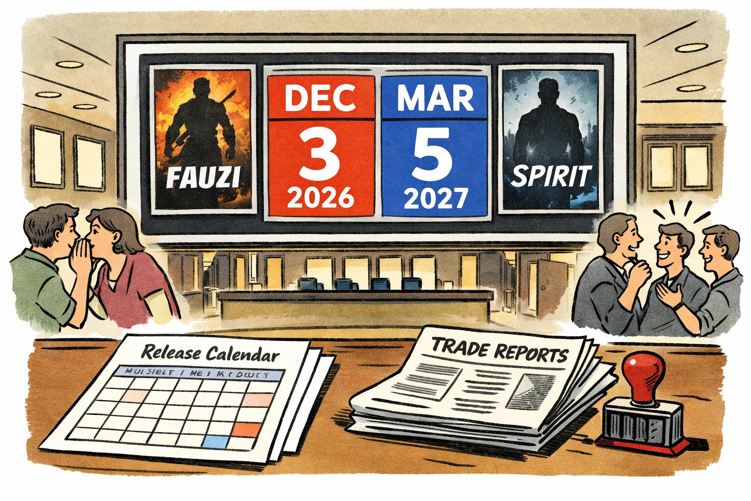 A Hyderabad multiplex foyer displays two generic film posters beside a calendar showing December 3, 2026 and March 5, 2027, with trade papers on a nearby desk.