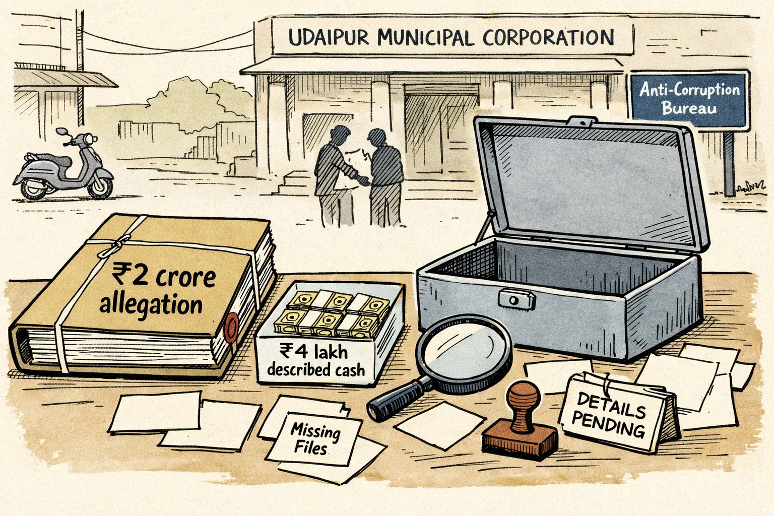 A cartoon evidence table outside a municipal office shows a large file marked ₹2 crore allegation beside a smaller tray of currency marked ₹4 lakh described cash, with an empty cash box and missing-document forms.