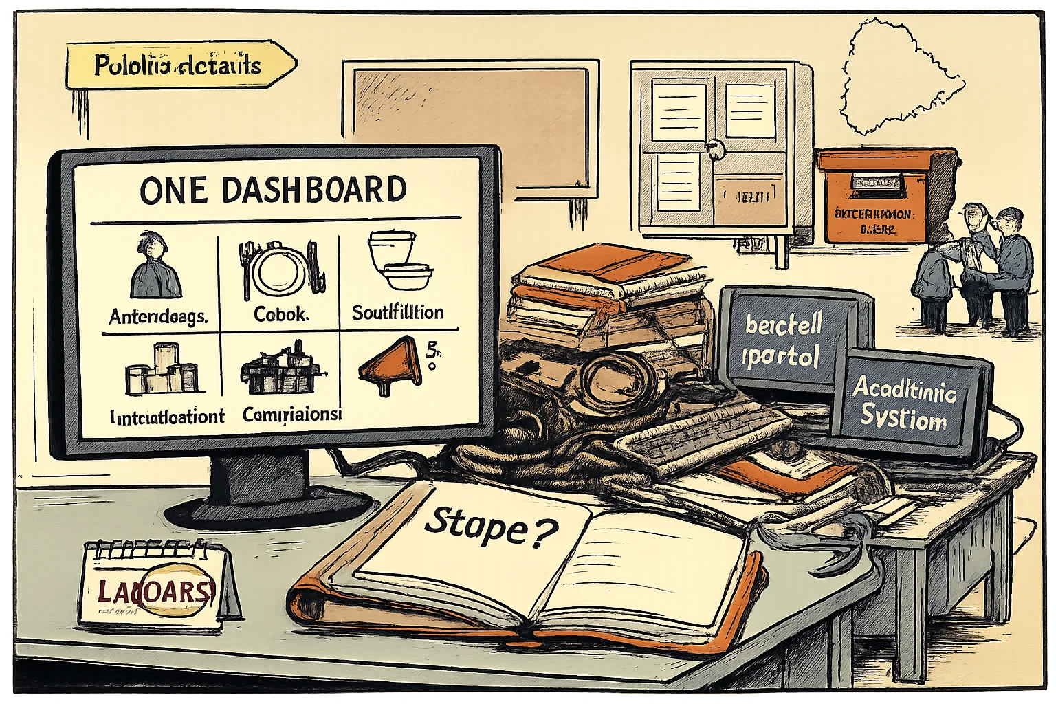 A Telangana government office desk holds a large monitor labelled “ONE DASHBOARD”, surrounded by tangled cables, duplicate computers, blank files and a calendar marked “14 DAYS”; an empty public-details noticeboard stands behind it.