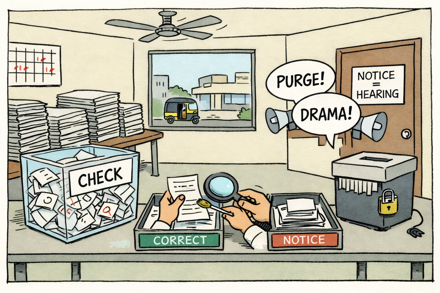 In a Telangana election-office cartoon, anonymous hands sort voter-roll papers into correction and notice trays while a locked shredder sits unused and exaggerated speech bubbles shout outside the office.