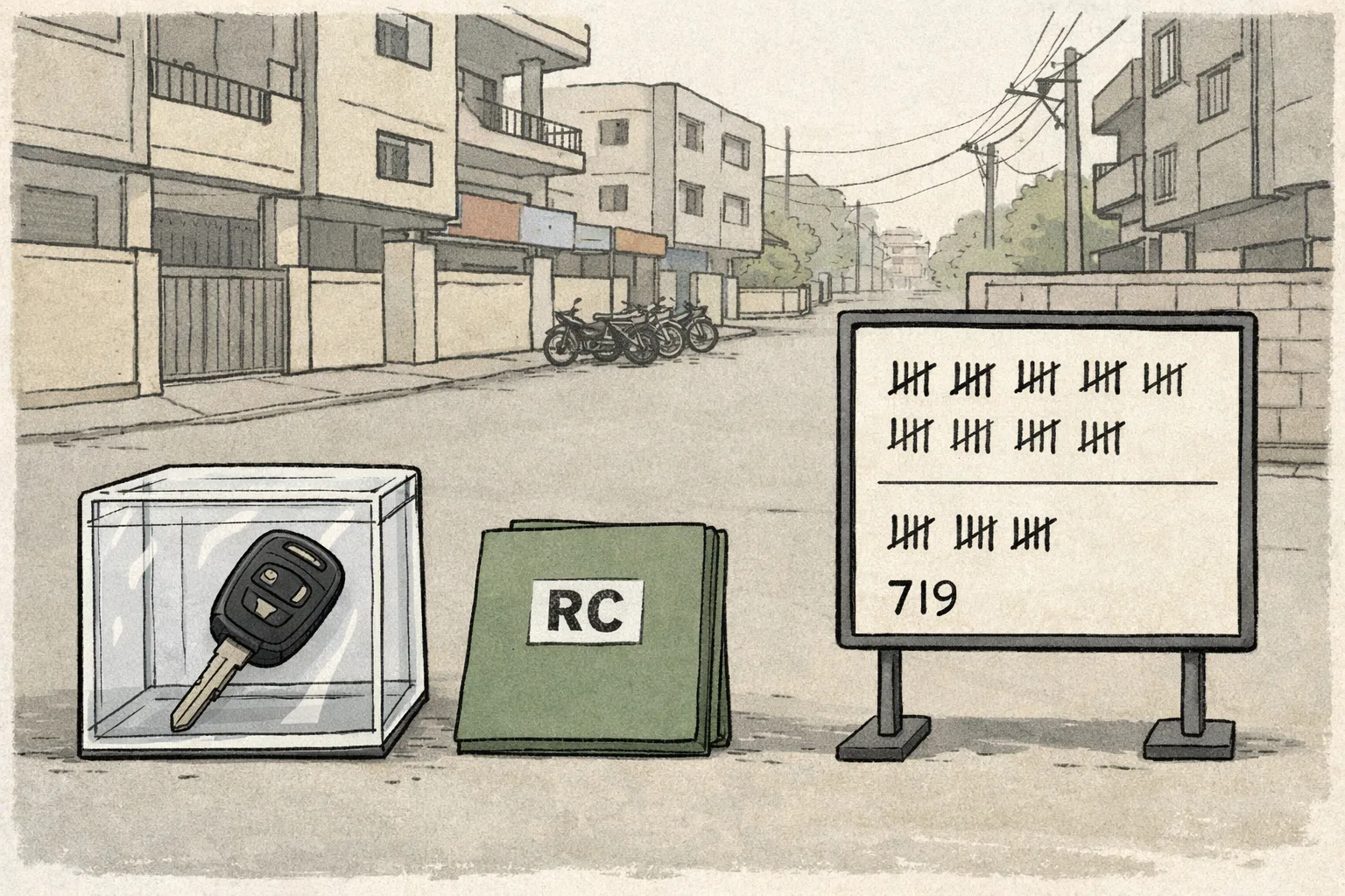 A quiet Hyderabad residential street with parked motorcycles, a small traffic-police evidence board showing tally marks, and a car key locked inside a transparent case marked with a registration document; no people are visible.