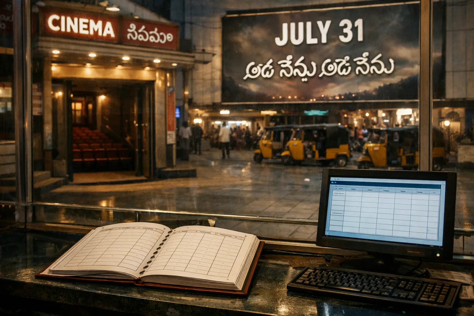 A cinema ticket counter in Hyderabad with a large July 31 poster above it, while a clerk checks an empty showtime register and a darkened theatre waits behind.