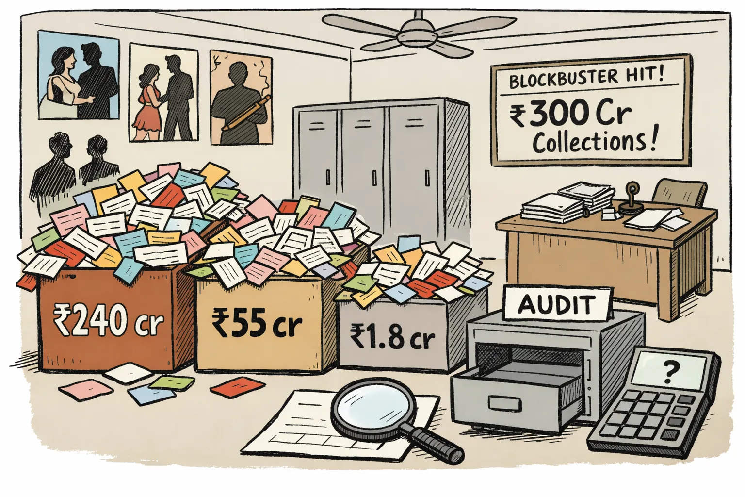 Three oversized boxes marked with different film collection figures tower over an empty audit filing cabinet, blank receipt, calculator and unopened ledgers in a Hyderabad film office.