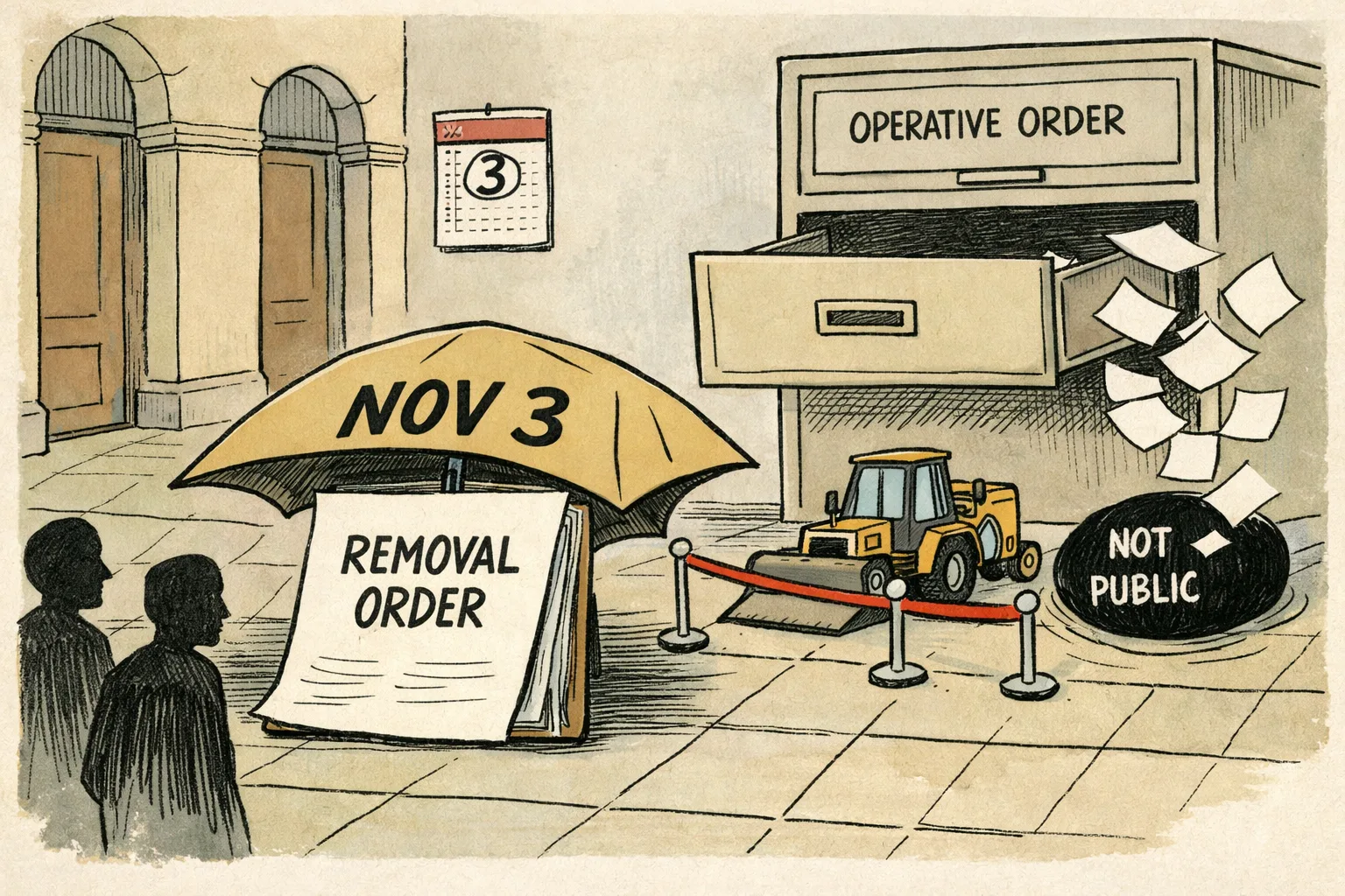 A giant file marked November 3 shelters a removal-order document beside a stopped HYDRAA bulldozer, while an empty filing-cabinet drawer marked operative order sits in the background.