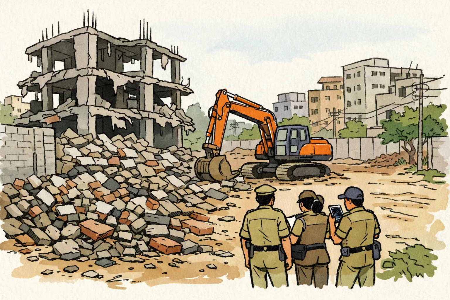 A partially demolished unfinished concrete building stands behind piles of rubble on a dusty Cyberabad road, with an excavator and distant municipal workers at the site.