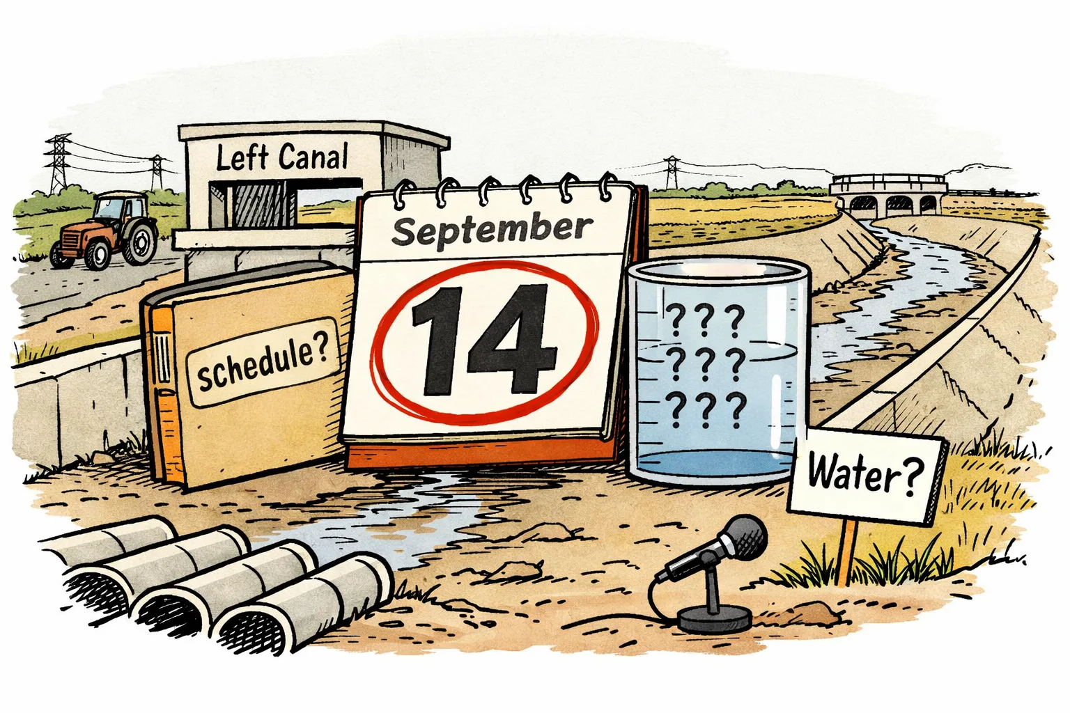 A large September 14 calendar leans against a Nagarjuna Sagar Left Canal gate beside an uncertain trickle of water, an official file and measuring tank marked with question marks, with Telangana farmland in the background.