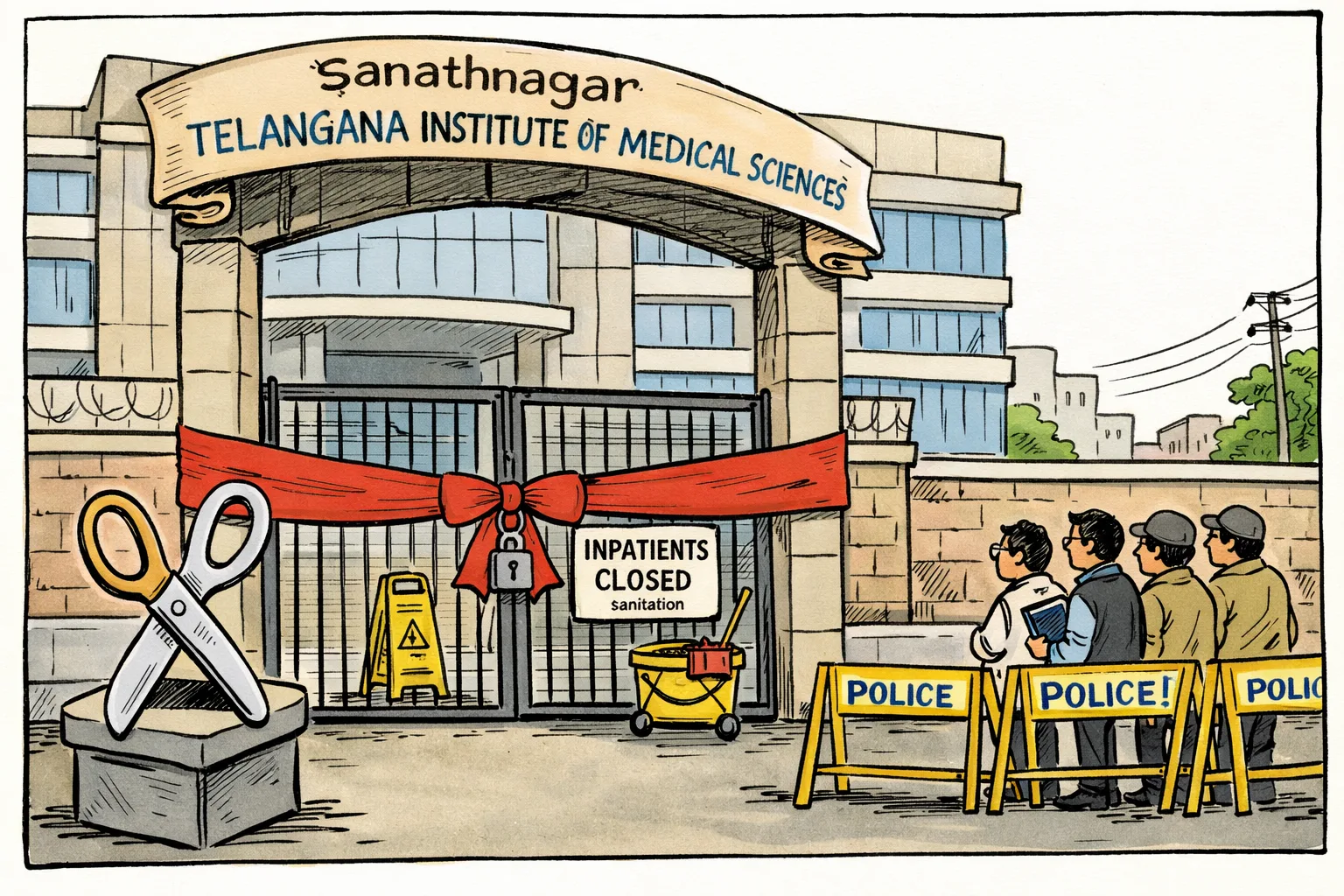 A newly inaugurated Hyderabad hospital entrance stands behind a locked gate with a sanitation notice, while ceremonial scissors, a ribbon and police barricades remain outside.