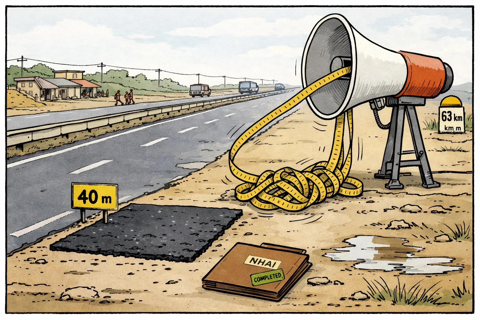 A Telangana roadside campaign placard shows a tiny cracked 40-metre patch on a highway, while an oversized measuring tape stretches toward a sign marked 63 km; a correction file from a highway authority sits beside it.