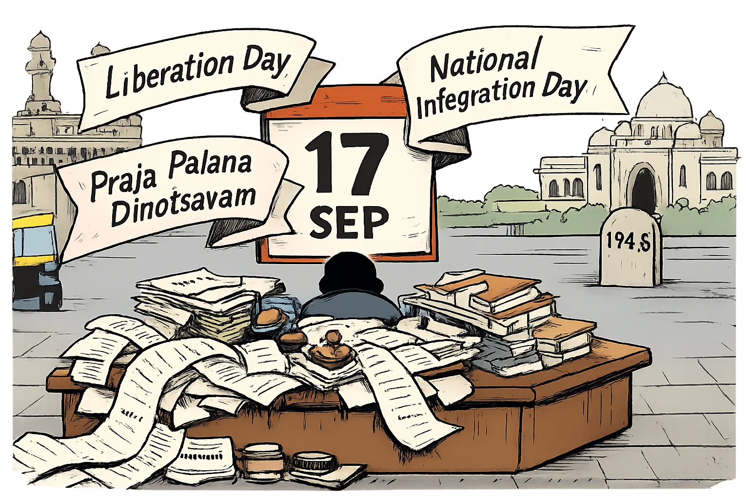 A calendar marked 17 September is pulled toward three competing banners labelled Liberation Day, National Integration Day and Praja Palana Dinotsavam, while ownership forms and files pile up on a Hyderabad desk.
