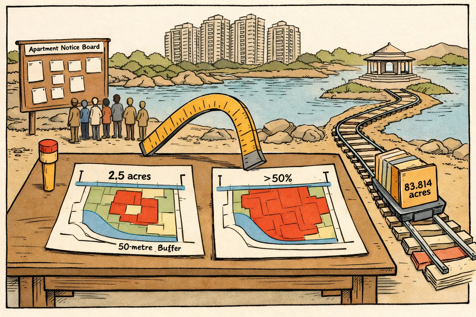 A Telangana revenue desk holds two conflicting maps of Madhu Park Ridge, while an apartment complex stands beside a marked Musi river buffer and a defence-land file moves along a neat railway track.