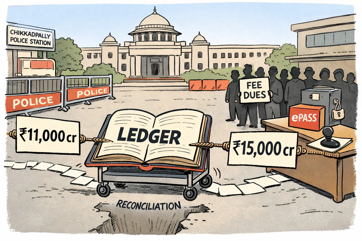 An oversized ledger on a trolley is pulled between two placards showing different fee-dues totals outside a Telangana government building, while a student crowd waits beside an unopened ePASS file.