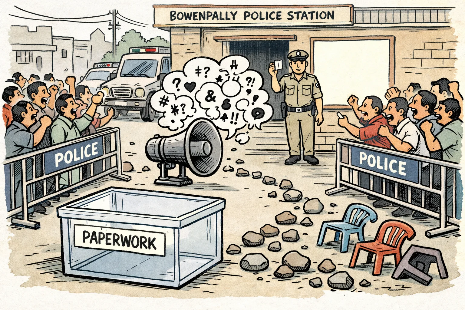 Outside a Bowenpally police station, opposing groups stand behind barricades near scattered stones and toppled chairs while a police figure holds up a tiny blank file beside an empty box labelled paperwork.