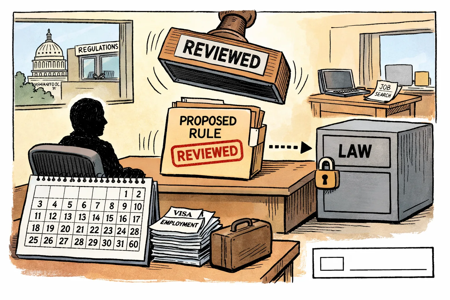 A giant “REVIEWED” stamp hangs above a 60-day calendar and visa papers, while a proposed-rule folder sits apart from a locked cabinet labelled “LAW.”