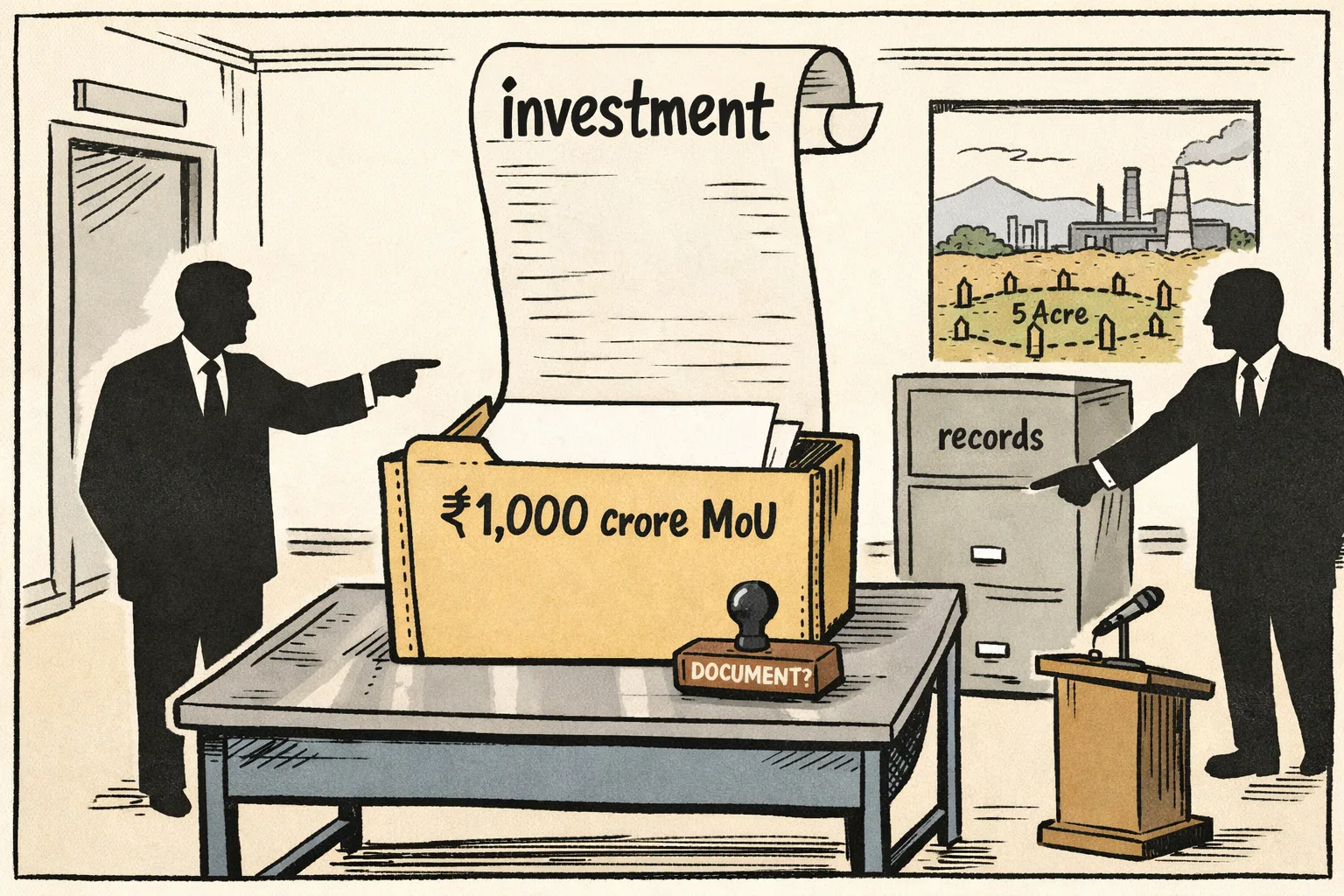 An empty government file labelled with a ₹1,000-crore MoU sits beside a blank document and a stamp, while anonymous office figures point toward a locked records cabinet and a small surveyed land plot is visible outside.