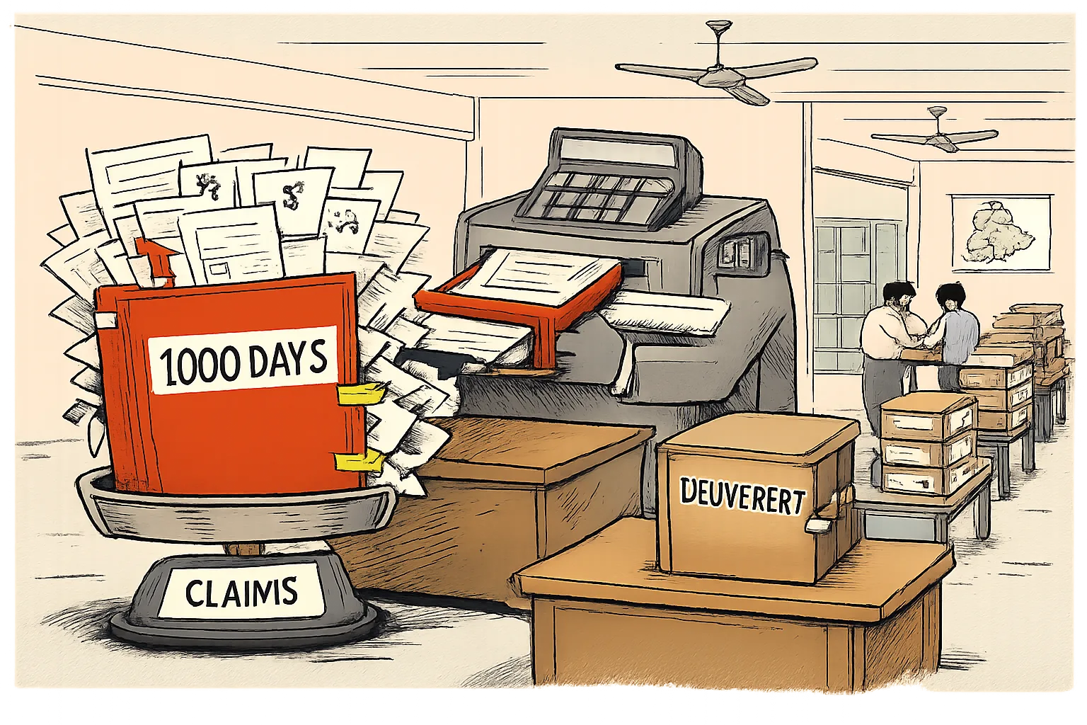 An oversized file labelled “1000 DAYS” is returned by an audit machine toward a desk holding a second folder labelled “DELIVERED?”, with government files and tables in a Telangana office corridor.