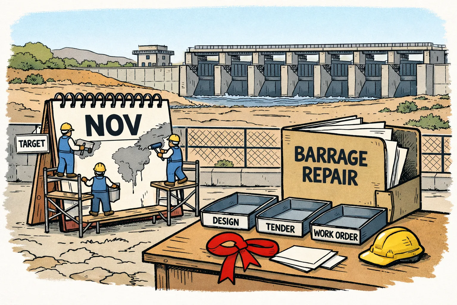 A giant November calendar is patched on scaffolding beside an unopened barrage-repair file and empty trays labelled design, tender and work order, with a concrete barrage in the background.