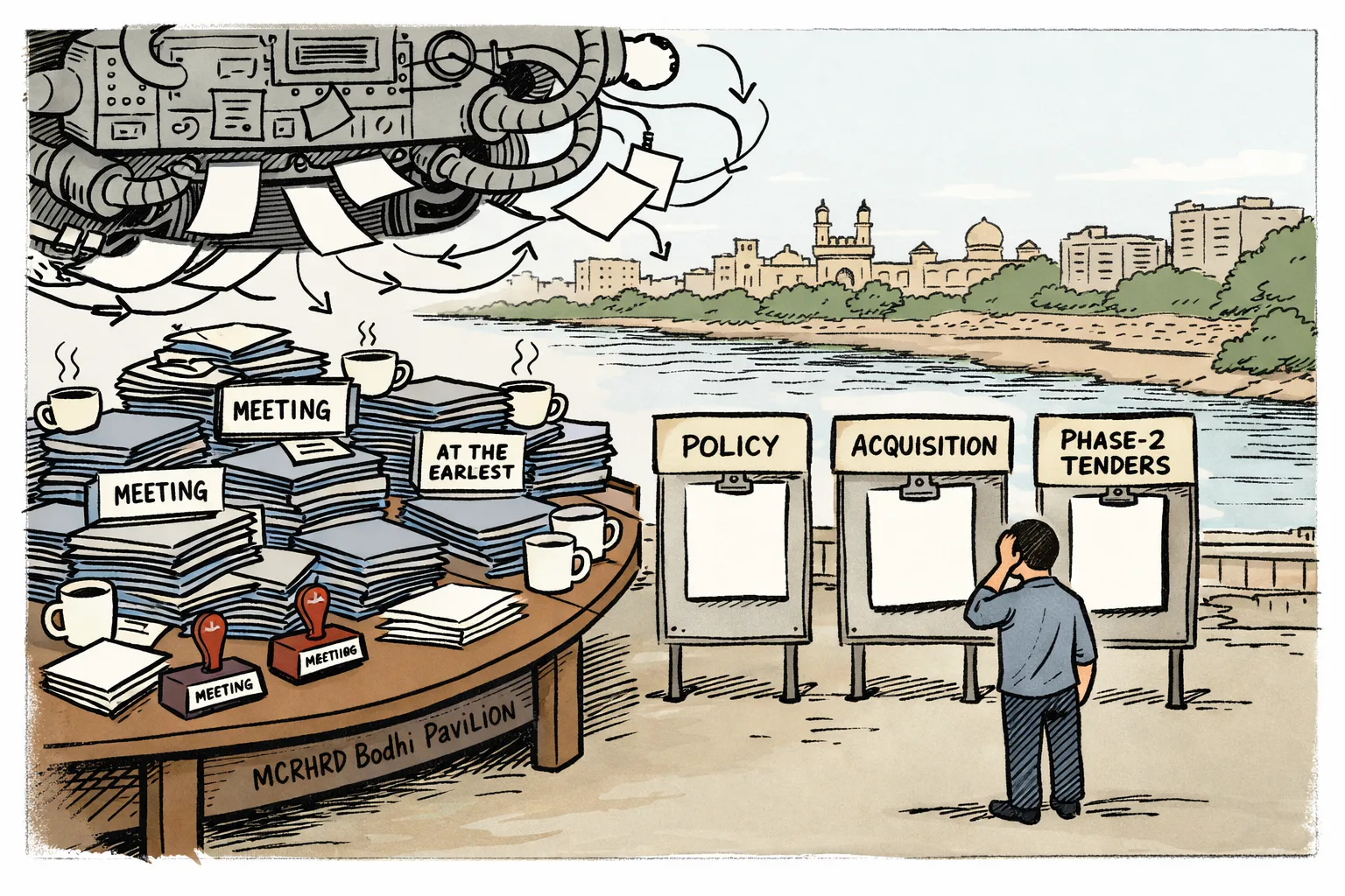A Hyderabad riverbank is shown behind a conference table piled with meeting folders, while three empty boards labelled “POLICY”, “ACQUISITION” and “PHASE-2 TENDERS” stand beside the Musi.