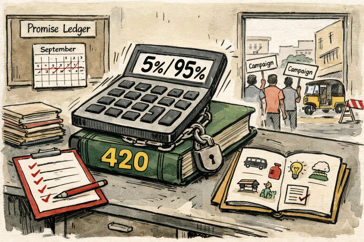 A giant calculator marked with disputed percentages sits on a locked ledger labelled Promise Ledger, beside folders showing buses, an LPG cylinder, a light bulb, a farm and a pension document in a Telangana government office.