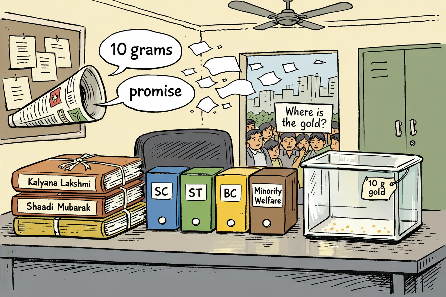Budget files labelled for Kalyana Lakshmi, Shaadi Mubarak and welfare departments sit beside an empty box marked for 10 grams of gold, while speech bubbles fade above them in a Telangana government office.