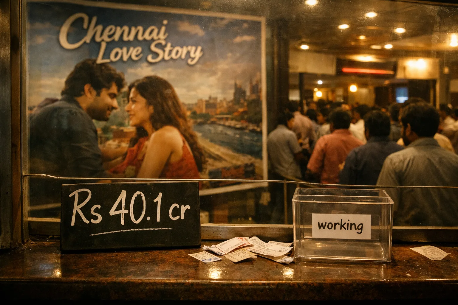 A cinema ticket counter displays a large handwritten claim of Rs 40.1 crore, while an empty transparent box labelled ‘working’ sits beside an unverified stack of receipts; a film poster and crowded theatre entrance appear behind it.