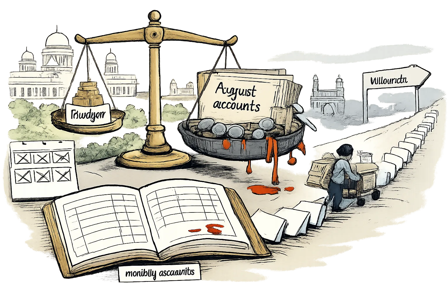 A giant August accounts ledger overflowing with red ink pulls down a balance scale opposite a small stack of surplus coins labelled Budget, while a distant March finish line remains ahead.