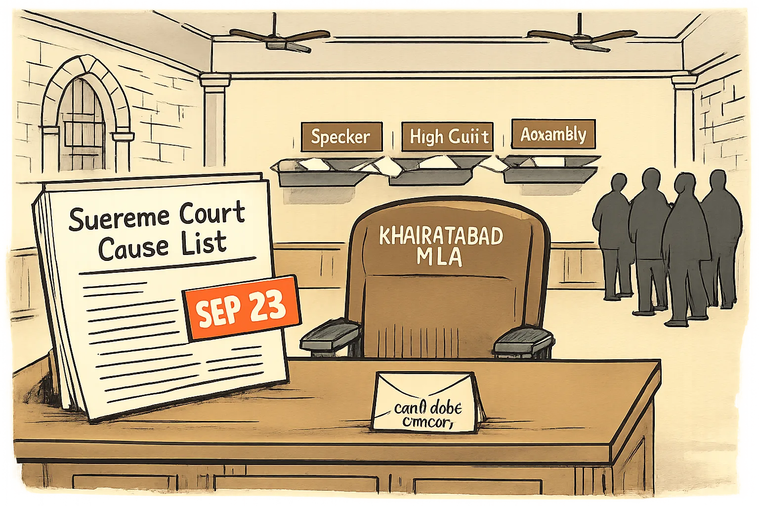 A large Supreme Court cause-list paper marked September 23 sits beside an empty Khairatabad MLA chair and a sealed envelope labelled candidate rumour in a government-office corridor.