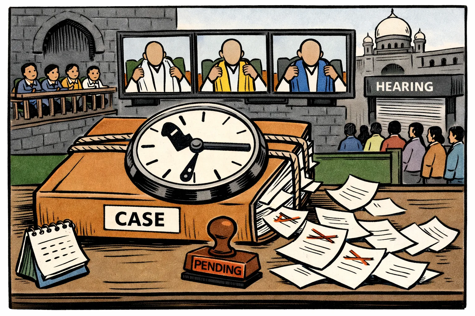 A Telangana Legislative Assembly calendar and a thick defection case file sit on a judge-like desk, with a stalled clock, unanswered notices and television screens showing anonymous legislators changing scarves from pink to white; a BJP bench watches from the side while citizens wait behind a barrier.