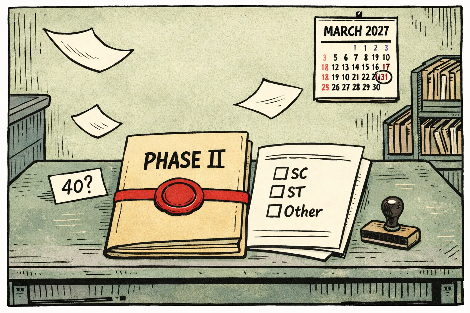 A Telangana-style government office desk holds a thick folder marked “Phase II”, still sealed, beside a Gazette sheet showing a single checkbox; a large calendar points to March 2027 while loose papers labelled “40 questions” swirl outside the frame.
