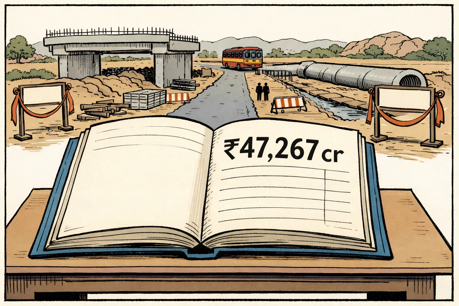A huge Telangana budget ledger marked with a rupee figure sits on a desk, while a narrow road, unfinished bridge and idle irrigation pipe recede behind it; two blank ribbon-cutting stands flank the worksite.