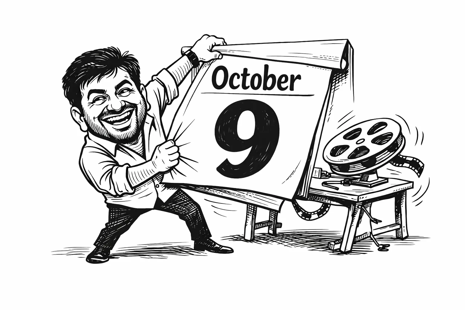 Producer S. Naga Vamsi theatrically presents a large October 9 calendar leaf while pulling it down to reveal a wobbling film reel on a post-production workbench behind it.