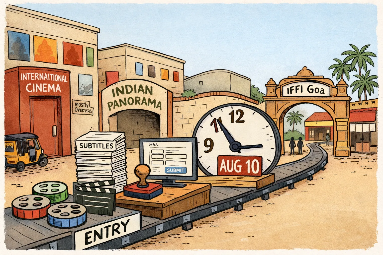 A Telugu film reel travels along a neat submission conveyor belt toward a Goa festival gate, passing a stack of subtitle pages and a large deadline clock while an international-entry side door remains marked for overseas films.