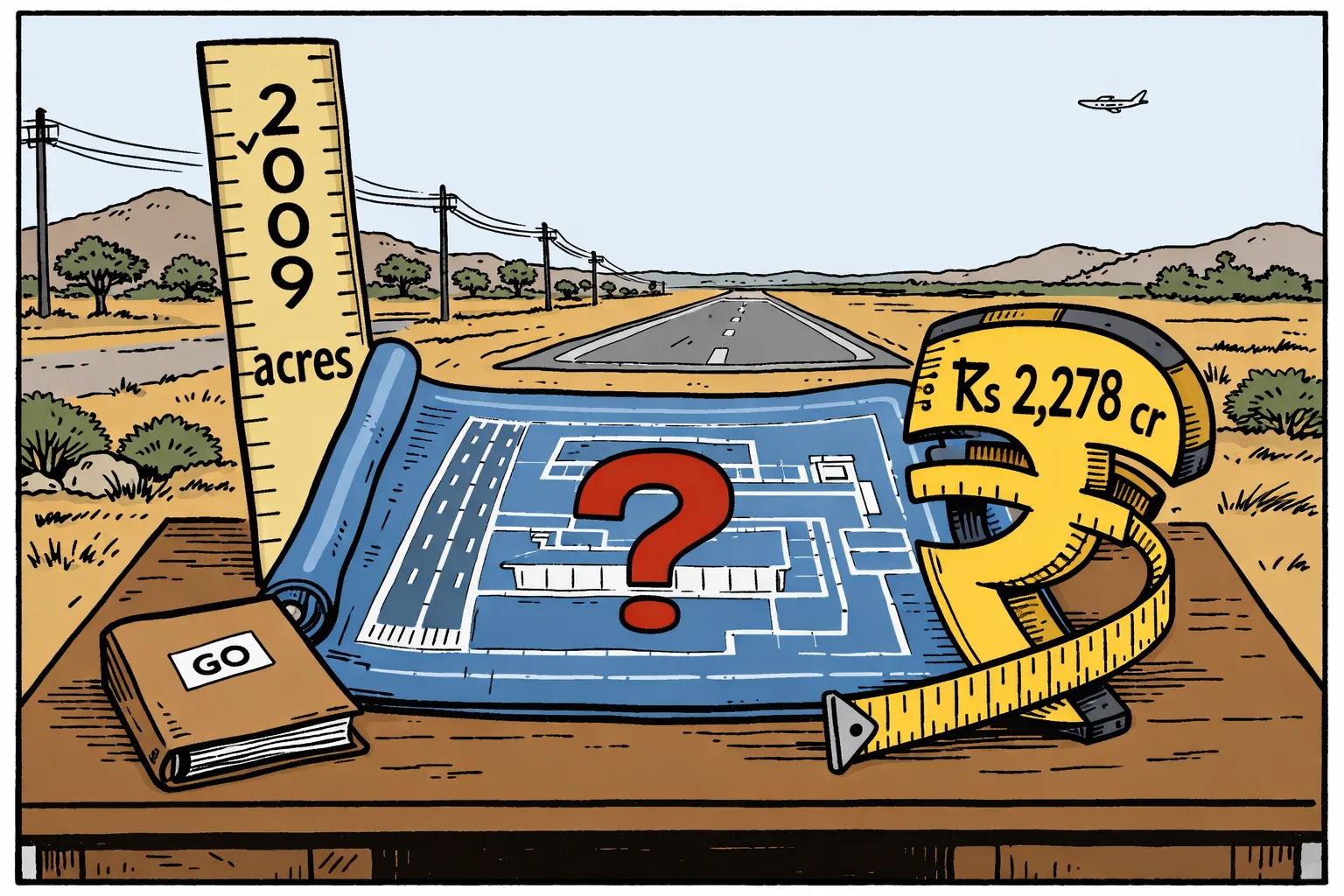 A giant airport blueprint marked with a question mark rests on a government desk, beside a small file labelled “GO”; behind it, an empty Adilabad airfield and a modest Telangana road stretch toward the horizon.