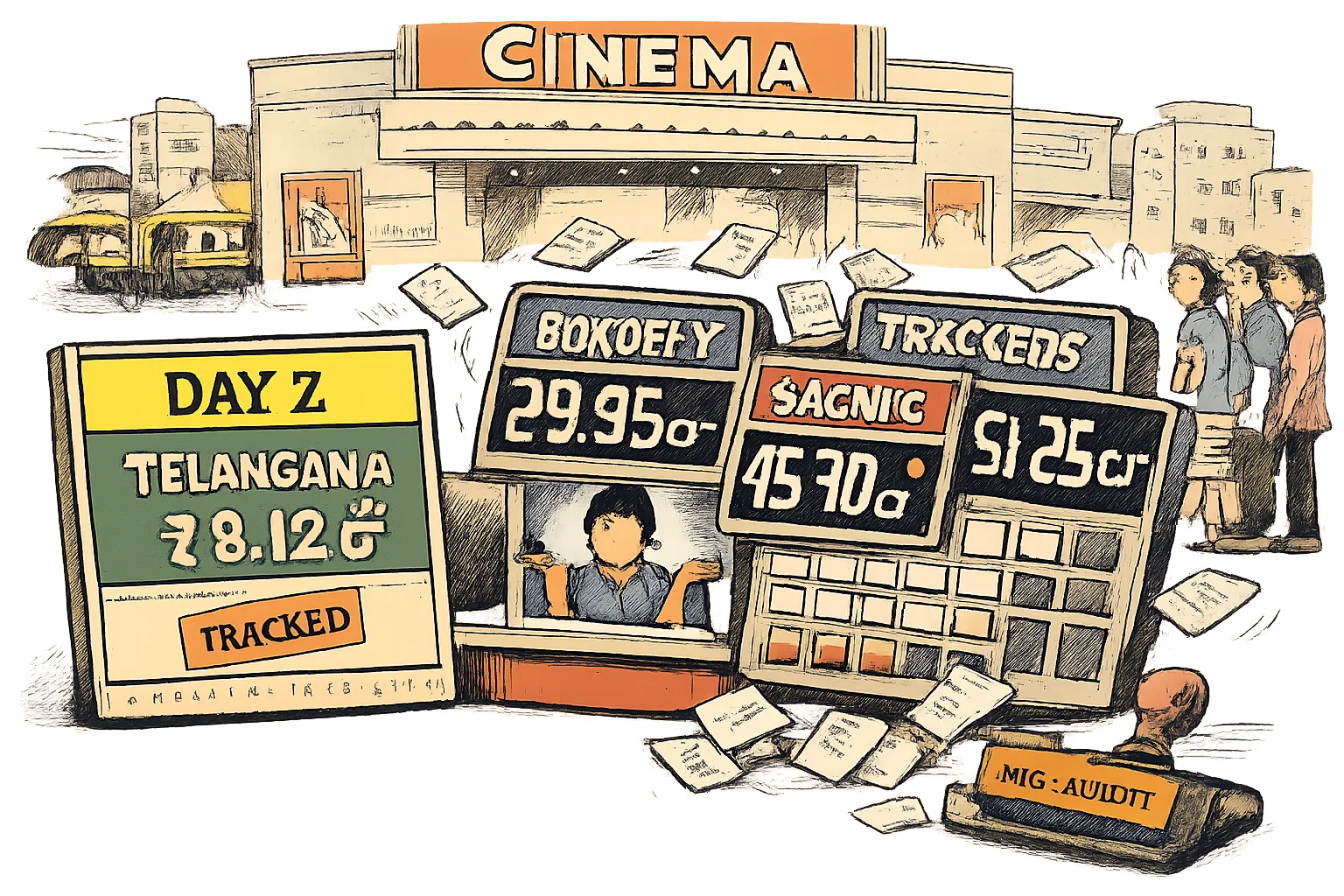 A cartoon outside a Hyderabad multiplex shows a carefully measured Telangana box-office panel beside three competing national total boards, calculators and receipts, with a no-audit stamp.