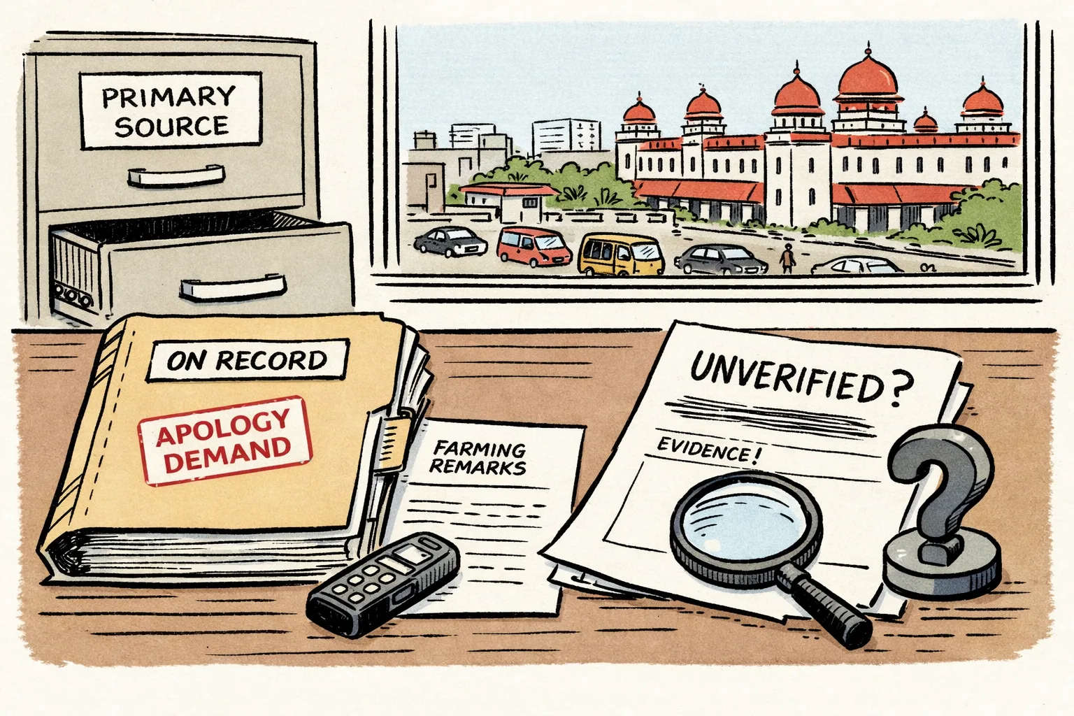 A Telangana newsroom desk holds two newspaper clippings beside a sealed audio recorder and a magnifying glass; one clipping is marked as a verified apology demand, while another loose sheet carries an indistinct question mark. A Hyderabad government-building skyline appears through the window.